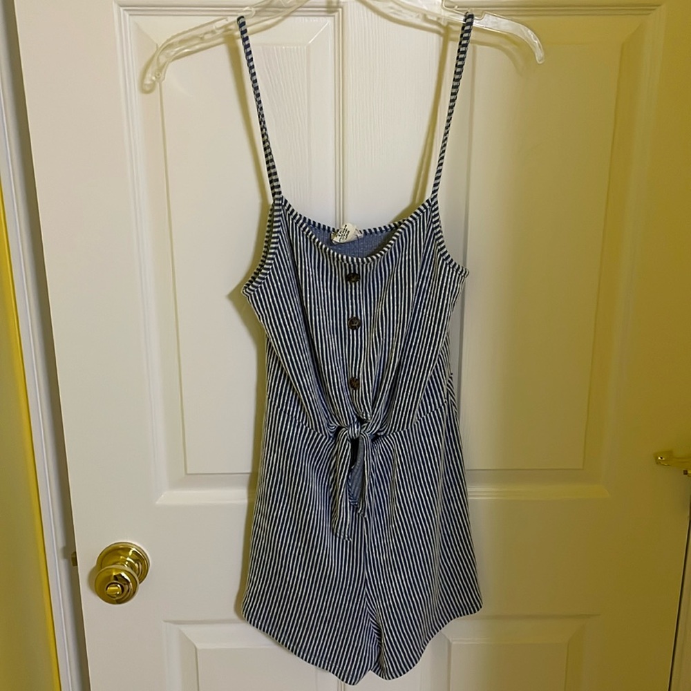 NWOT CAUTION TO THE WIND BLUE AND WHITE STRIPED ROMPER